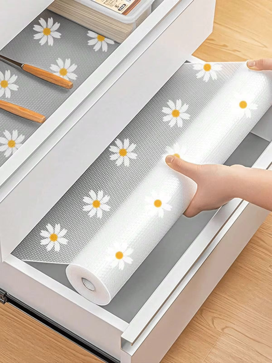 1 Roll Daisy Pattern Drawer Liner, Non-Slip Shelf Liner, EVA Cabinet Mat, Decorative Kitchen Storage Mat, Gray Daisy Pattern, Home Dehumidifier